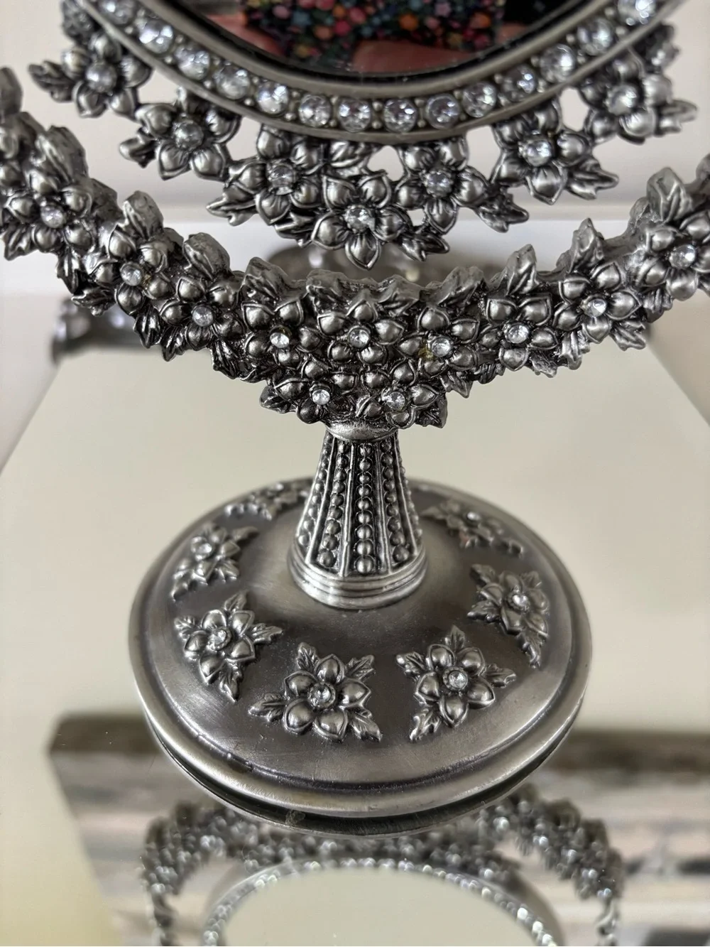 Ornate Silver Floral Oval Vanity Mirror